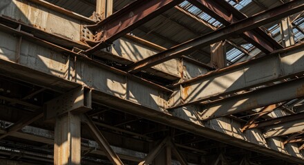 Intertwined rusty metal beams form a complex network of support within a sunlit industrial interior.