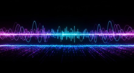 Abstract Sound and Audio Wave Illustration with Neon Equalizer Lines and Volume Waves on Black Background