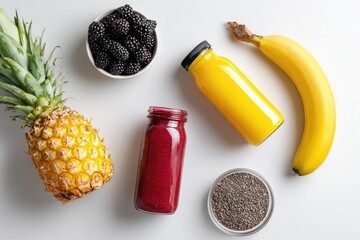 Fresh fruit & smoothie ingredients arranged on white