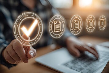 A person touches a holographic checkmark and document icons over a laptop