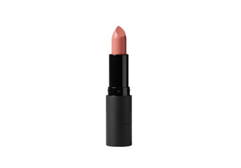 Obraz premium Elegant nude peach lipstick in a minimalist black tube, isolated on a transparent background. Cosmetic beauty product photography concept