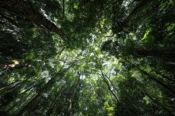 Lush forest canopy viewed from below.  Dense trees reaching up to sunlight