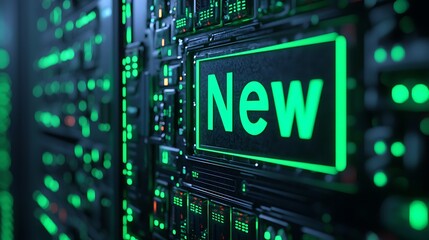 A close-up view of a digital display with the word "New" highlighted in green, set against a backdrop of intricate circuit patterns.