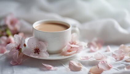 Delicate white coffee cup and saucer, surrounded by soft pink cherry blossoms and petals on a light white bedsheet