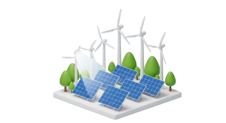 3D renewable energy scene with solar panels and wind turbines sustainable energy green energy isolated on a transparent background