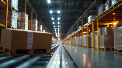 Warehouse conveyor system operates efficiently industrial location high-resolution image modern environment low angle viewpoint supply chain management