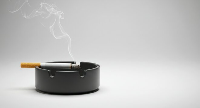 A cigarette rests in a black ashtray, smoke curling upwards against a white backdrop, evoking a moment of pause
