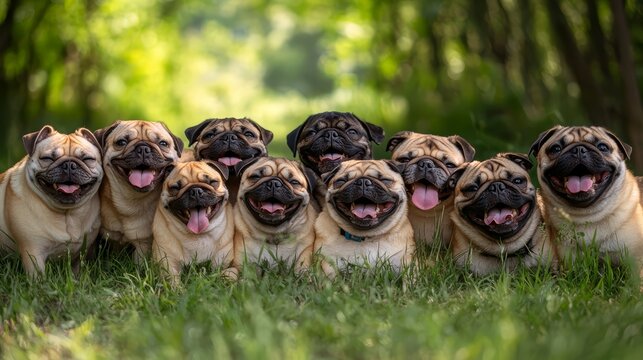 Group of pugs are smiling and posing for a picture. They are all lined up and appear to be happy
