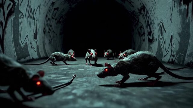 A pack of sinister rats with glowing red eyes lurk in a dark, graffiti-covered tunnel. Shadows and eerie lighting create a chilling atmosphere full of suspense, fear, and the unknown lurking undergrou