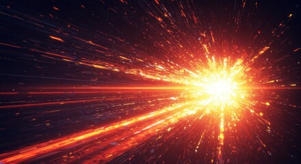 A vibrant explosion radiates outwards, creating streaks of orange-red light across a dark backdrop.