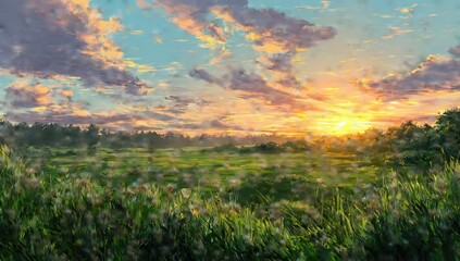 Sunset over a meadow. Lush, vibrant colors