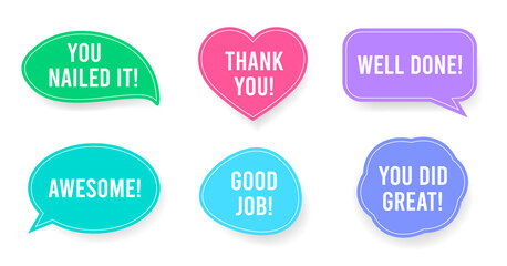 Collection of motivational stickers with positive messages: You nailed it!, Thank you!, Good job!, Awesome!, Well done!, and You did great!. Bright colorful design, perfect for encouragement, apprecia