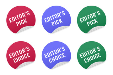 Set of round stickers with “Editor’s Choice” and “Editor’s Pick” text. Includes red, blue, and green color options. Vector design for labels, badges, and highlights.