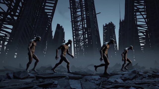 Four mutated humanoid creatures roam through a foggy, post-apocalyptic city with ruined skyscrapers. The haunting atmosphere and desolate landscape create a chilling nightmare scene.