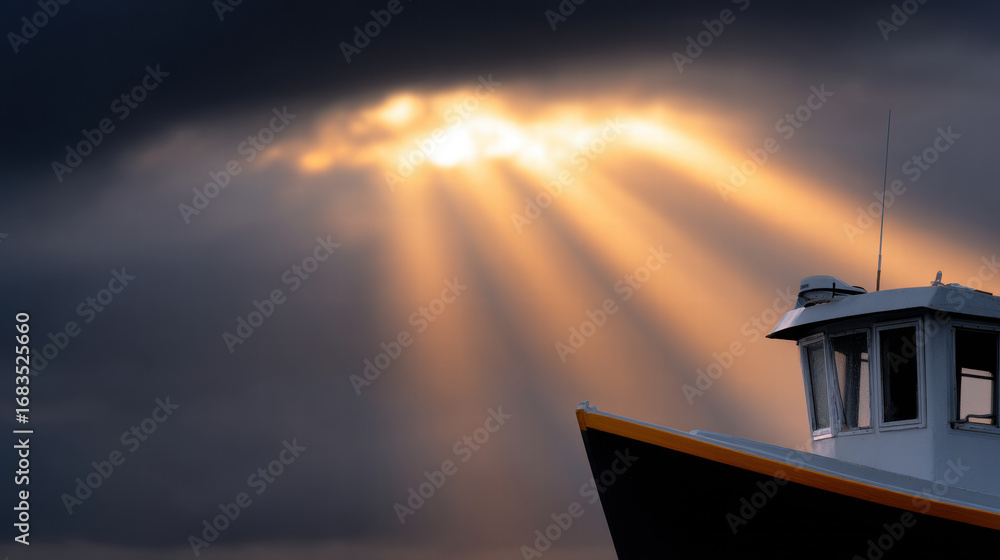 Poster epic sky with crepuscular rays shining through clouds above boat creating dramatic and serene atmosp