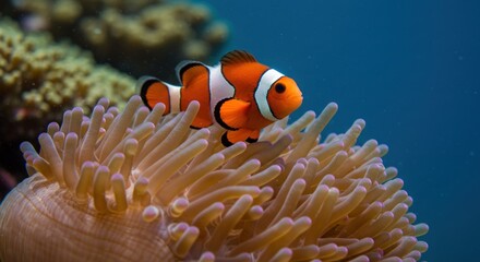 A vibrant orange, white, and black striped fish perches atop a tan, tentacled sea anemone, set against a deep blue underwater background