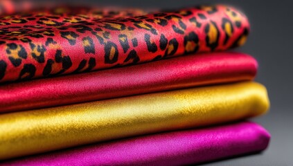 Stack of vibrant fabrics in rich red, gold, and fuchsia, patterned with a leopard print