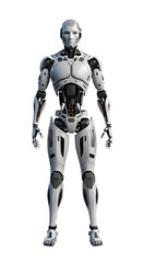 Fototapeta premium Front View of a Sleek White and Black Humanoid Robot with Blue Accents android isolated on a transparent background