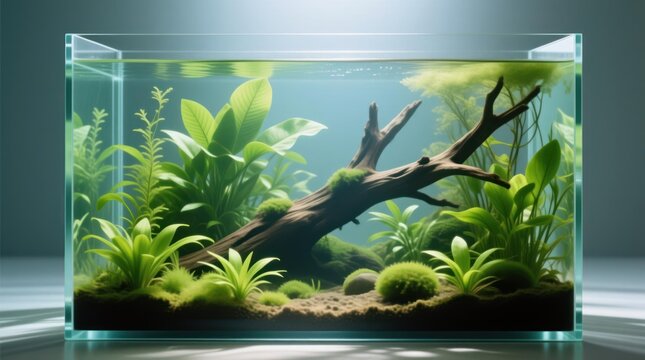Clear aquarium with lush aquatic plants and driftwood
