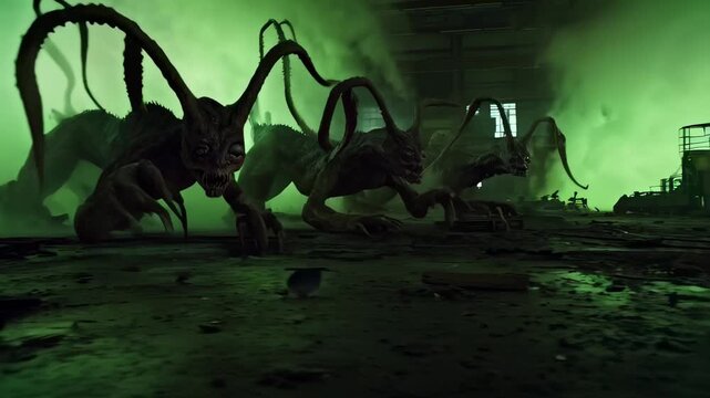 Horrific, multi-tentacled monsters crawl across a shadowy, abandoned building shrouded in glowing green mist. The eerie atmosphere creates intense suspense and fear, evoking a nightmare world of terro