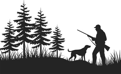 Hunter with dog in forest, black and white silhouette, wilderness scene, outdoor adventure, pine trees background, rifle, nature illustration vector