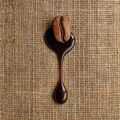 Single coffee bean atop a dark, viscous drip of liquid, on a natural burlap background