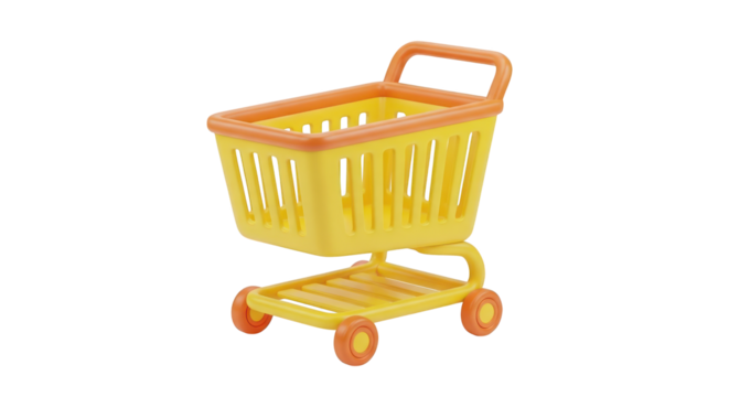3D yellow shopping cart with orange accents trolley supermarket isolated on a transparent background