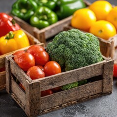 Fresh produce in wooden crates. Colorful bell peppers, tomatoes, and broccoli sit in rustic wooden crates