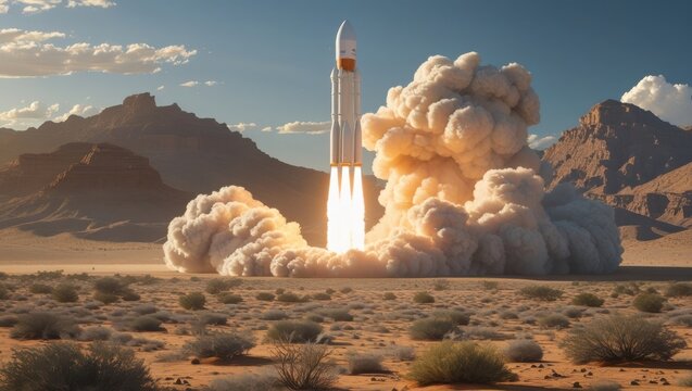 A powerful rocket launches into the vast expanse of the desert sky, leaving a dramatic plume of smoke against a backdrop of rugged mountains.
