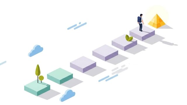 Journey to Success: Isometric Illustration of Man Climbing Steps Towards a Glowing Goal Pyramid, Representing Progress, Growth, and Achievement.