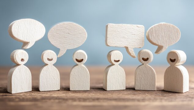Wooden figures with speech bubbles, representing communication and discussion - Powered by Adobe