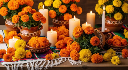 Day of the dead altar adorned with marigolds and candles, an authentic display.