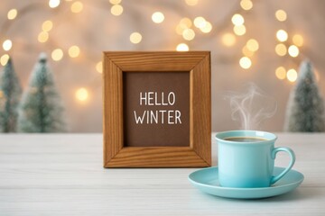 A wooden frame with hello winter text beside a steaming blue coffee cup and miniature trees