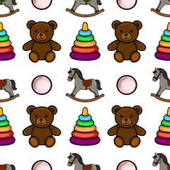 Seamless vector pattern featuring charming cartoon teddy bears, rocking horses, stacking rings, and pink balls, creating a playful and colorful design ideal for childrens products.
