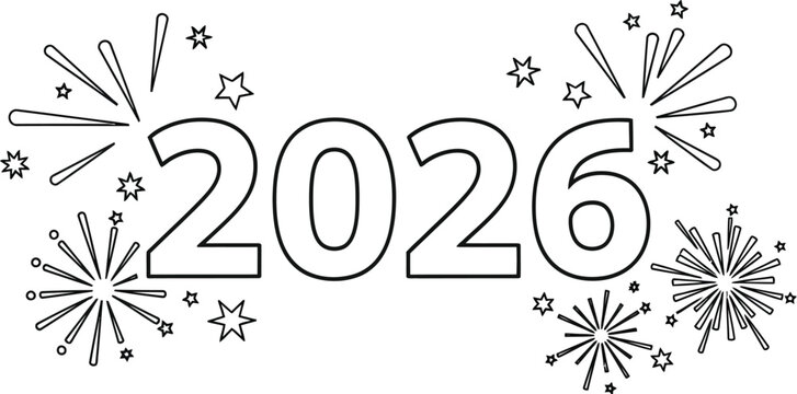 Outlined 2026 new year design with fireworks and stars for coloring page fun