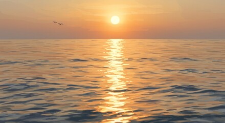 Obraz premium A serene sunset over tranquil ocean waters, featuring a golden sun reflecting on the still surface.