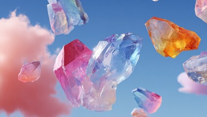 Colorful crystals levitate against a pastel sky and clouds