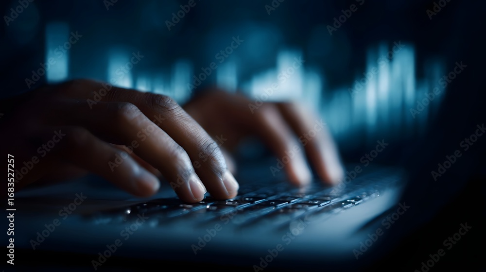 Aufkleber close up of hands typing on a laptop keyboard illuminated by ambient blue light with abstract digita