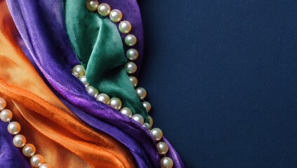 Draped silk, vibrant colors, pearl necklace