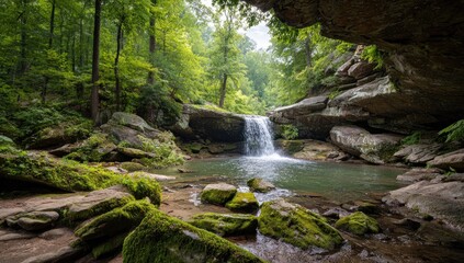 Obraz premium Lush waterfall cascading into a tranquil pool beneath a rock overhang. Dense forest surrounds the scene