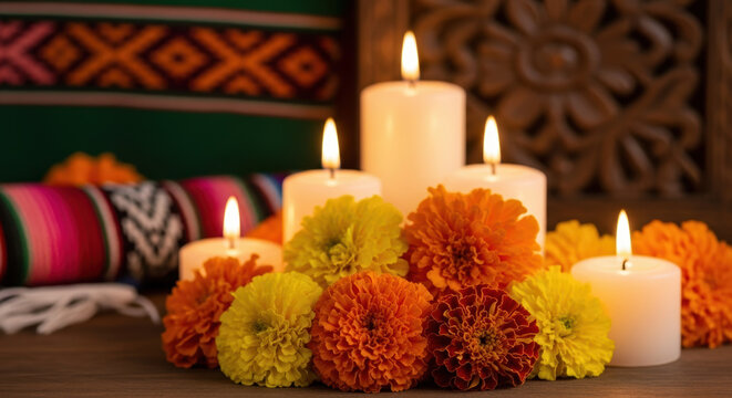 Day of dead celebration with lighted candles and vibrant marigolds on table. Day of dead is honored by candlelight, illuminating colorful traditional flowers and textile decorations.