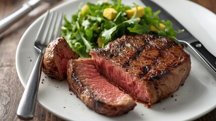 A perfectly cooked steak served with fresh green salad, showcasing a juicy interior and grilled exterior, ideal for a gourmet meal.