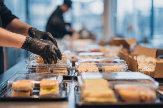 Catering service preparing and packing fresh food into takeaway containers for delivery.