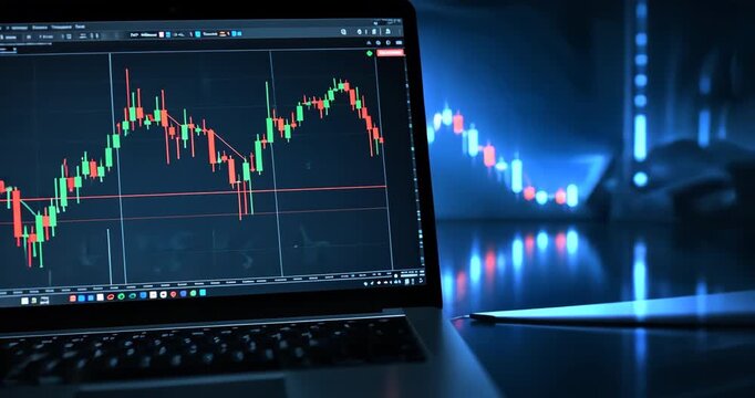 Opening shot starting camera panning across desk to laptop showing chart updating in trading room