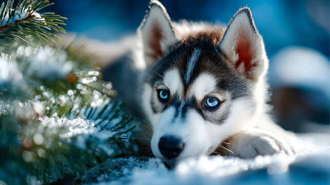 Close-up of a husky with piercing blue eyes resting on snowy ground in winter sunlight