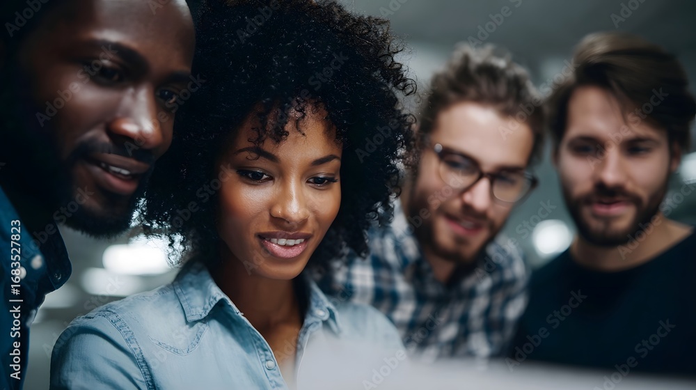 Poster a diverse business team collaborates intently analyzing data and strategizing solutions in a dynamic