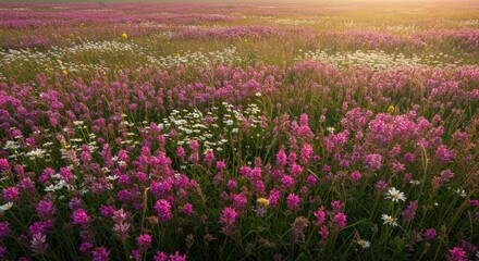 Obraz premium A vibrant meadow bursts forth with a profusion of pink and white wildflowers in a sunlit expanse.