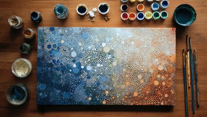 Abstract art piece, a canvas with dots, surrounded by paint containers and brushes on a wooden table