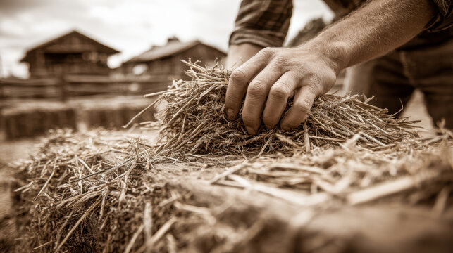 Detailed close-up of a hand working on a traditional threshing floor filled with straw