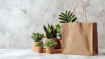 Beige jute tote bag beside potted plants on light gray surface